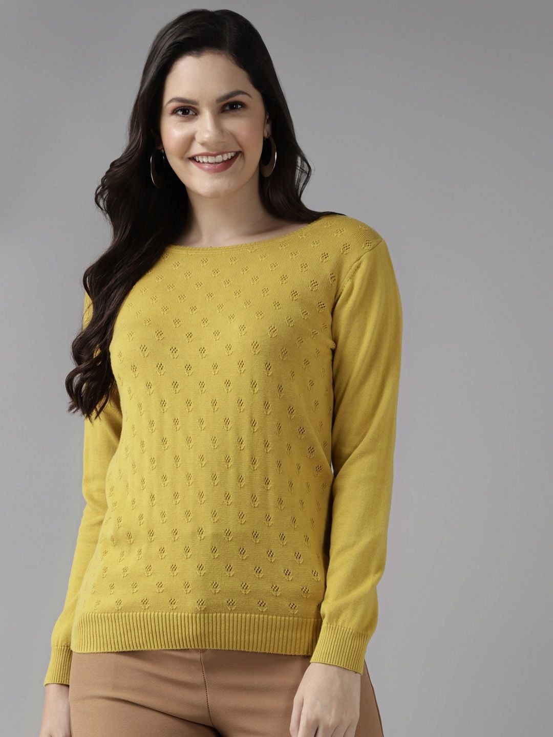 The Roadster Lifestyle Co Floral Self Design Woollen Round Neck Pullover Sweater-picture-56