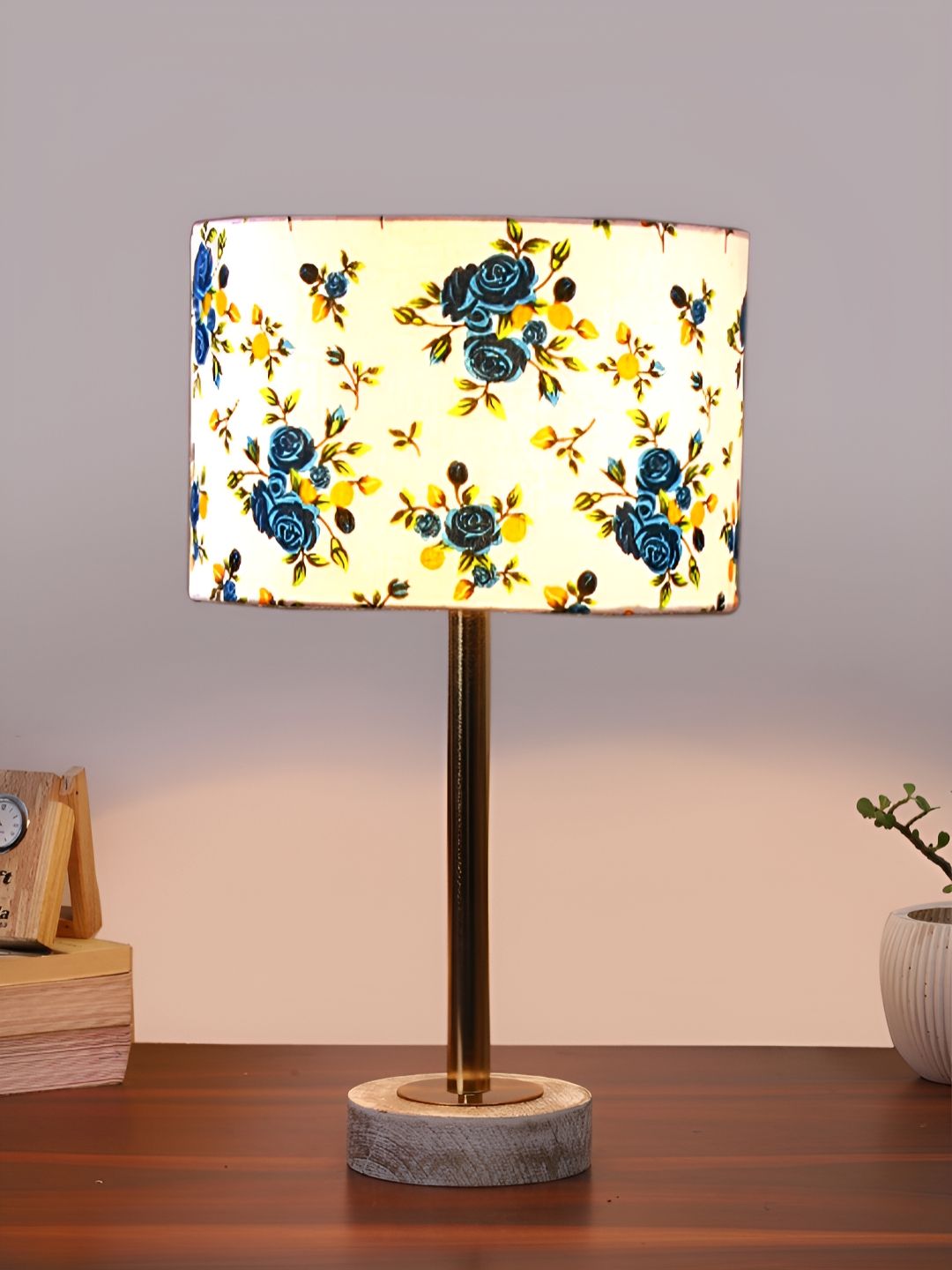 Aura White & Blue Printed Metal Cylindrical Shaped Table Lamp-picture-17