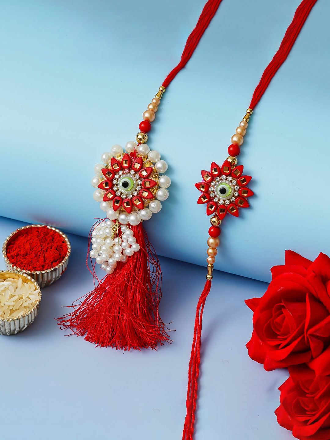 eCraftIndia Set Of 2 Pearls Beaded Floral Design Bhaiya Bhabhi Rakhi-picture-32