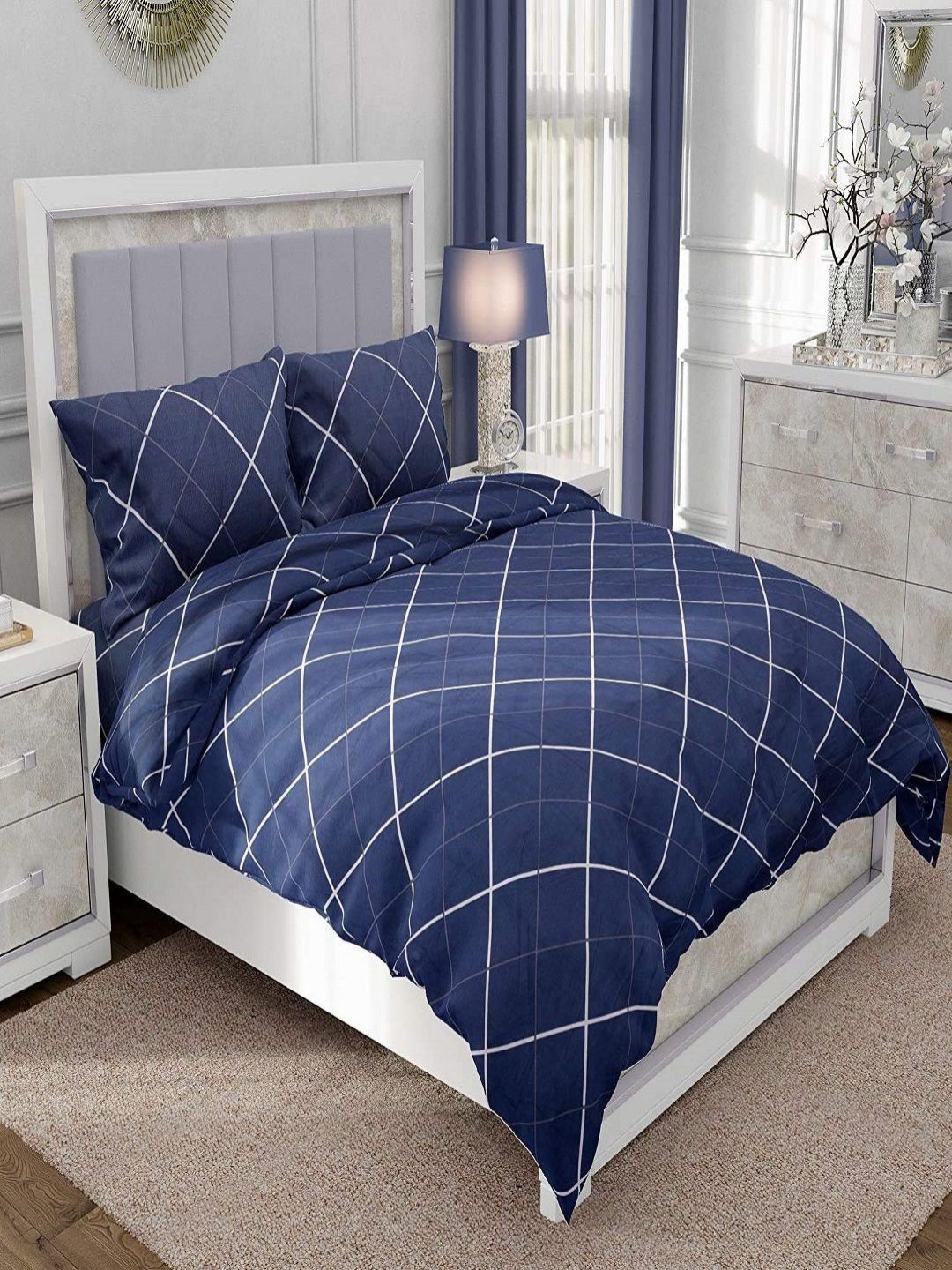 Myntra Elegant Homes Blue & White Geometric Polycotton 4 Piece Double Queen Fine Bedding Set-picture-52
