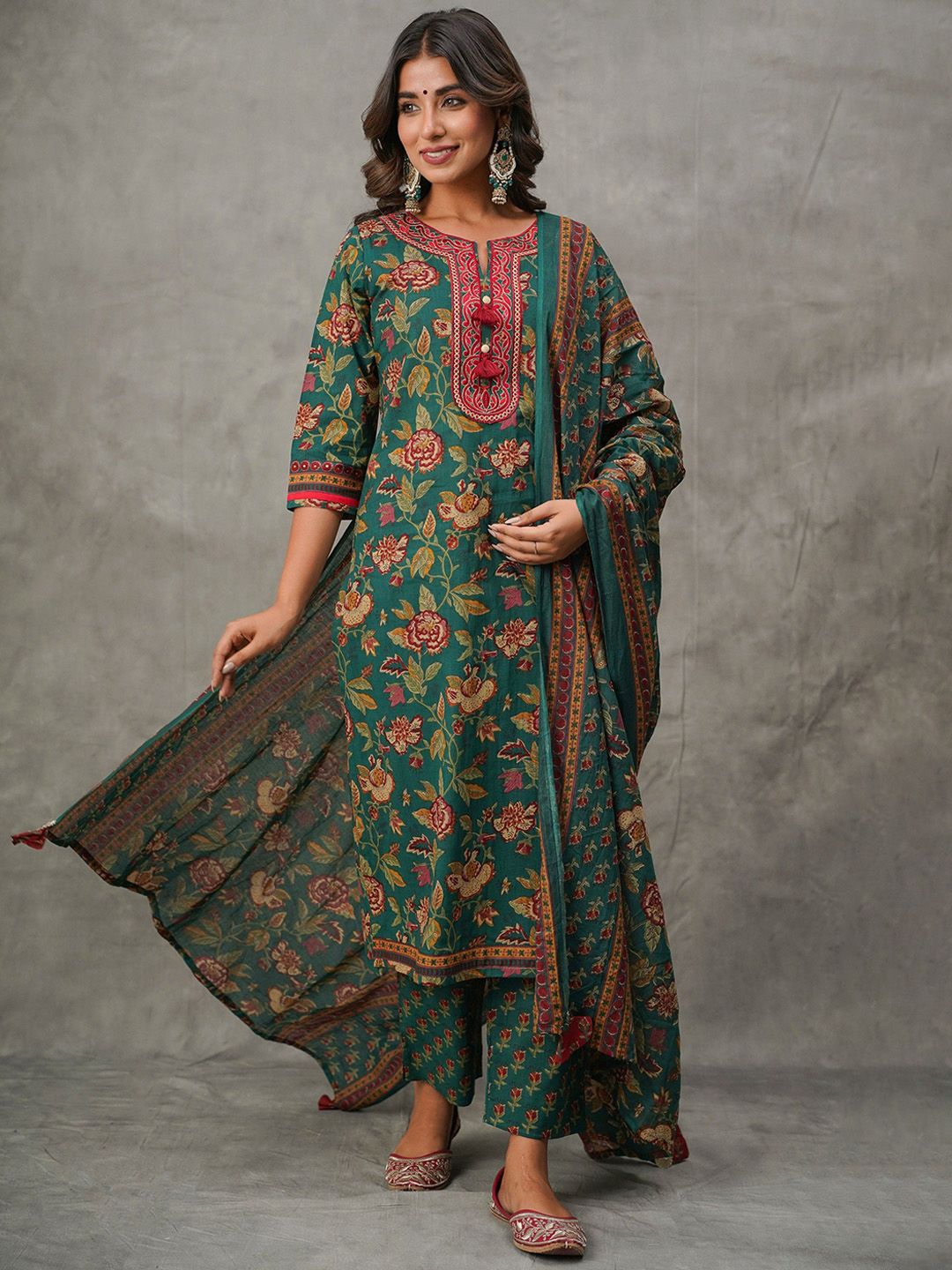 KALINI Women Embroidered Thread Work Pure Cotton Kurta with Trousers & With Dupatta