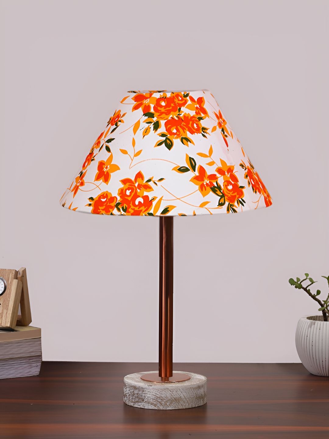 Aura White & Orange Floral Printed Traditional Frustum Cotton Shade Wooden Table Lamp-picture-18