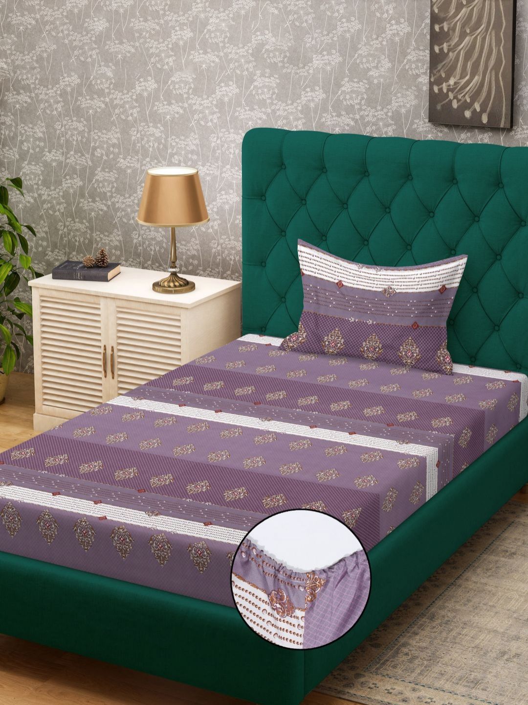 Myntra Elegant Homes Purple & White Printed 300 TC Single Bedsheet Set 2.25 x 1.5 m-picture-12