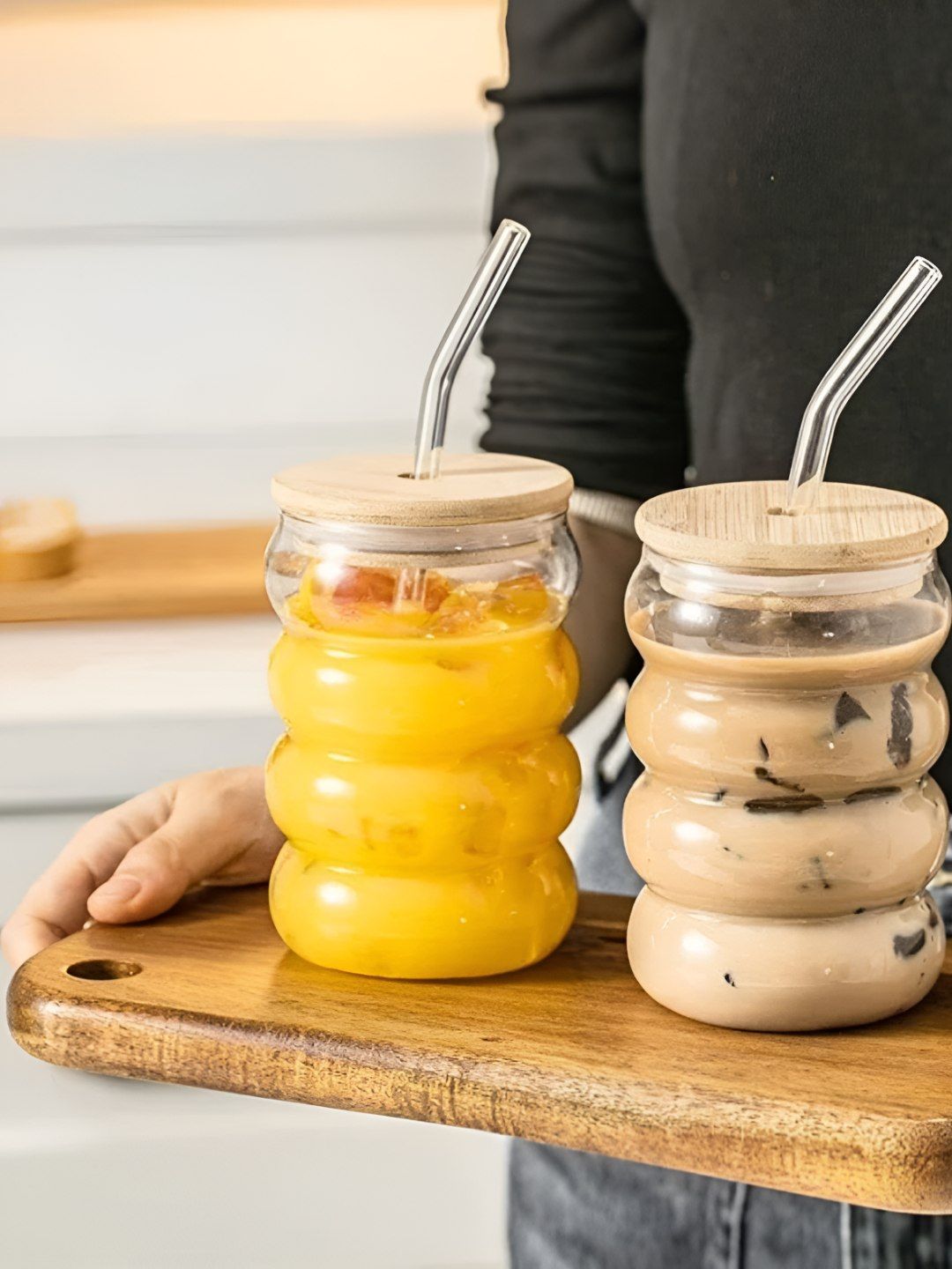 FINSTER Transparent 2 Pieces Water Glasses With Wooden Lid & Straw 530ml Each-image-25