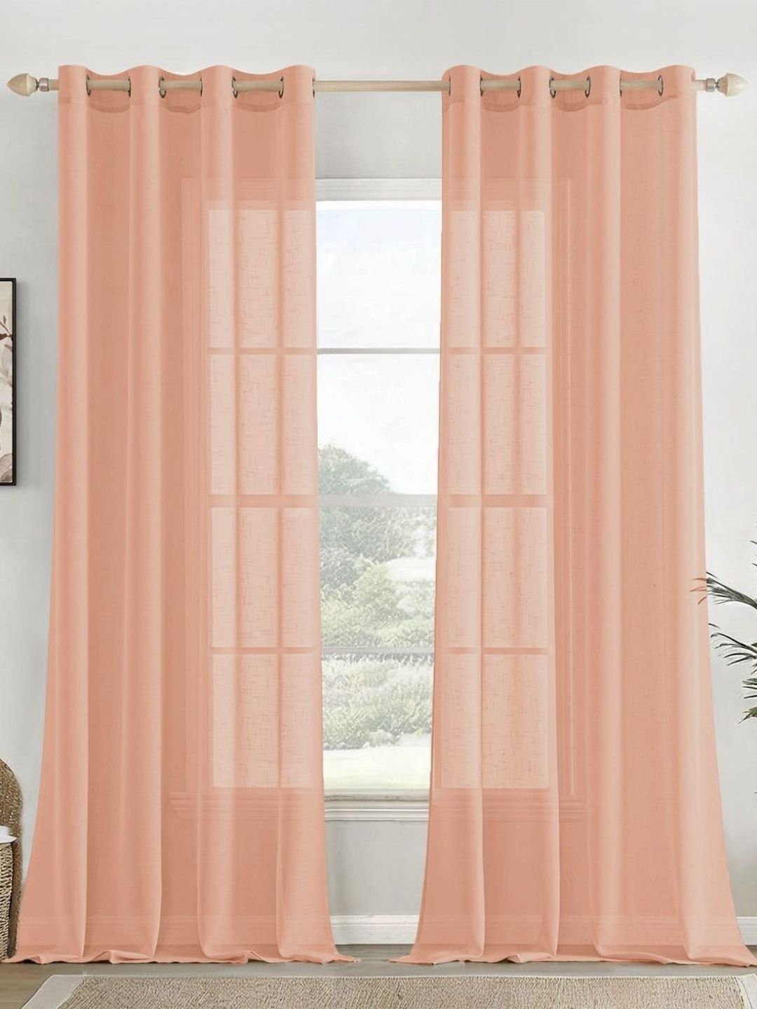 HOMEMONDE Peach-Coloured 2 Pieces Textured Sheer Cotton Long Door Curtains-image-18