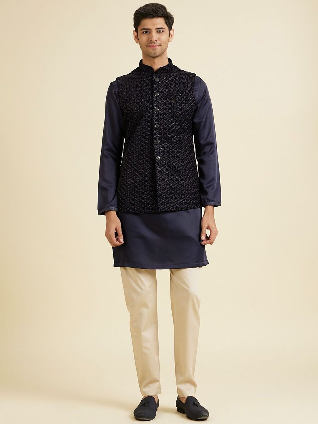 Manyavar Embroidered Velvet Mandarin Collar Nehru Jacket-picture-33