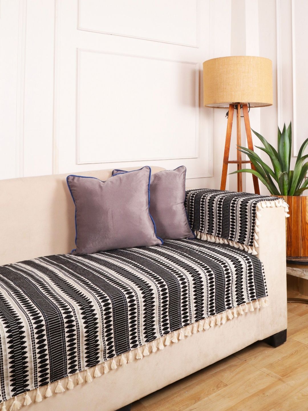STITCHNEST Black & White Geometric Woven Design Cotton 2 Seater Sofa Cover With Arms-image-44