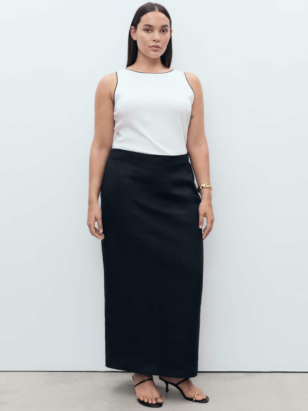 MANGO Back Slit Linen Straight Maxi Skirt