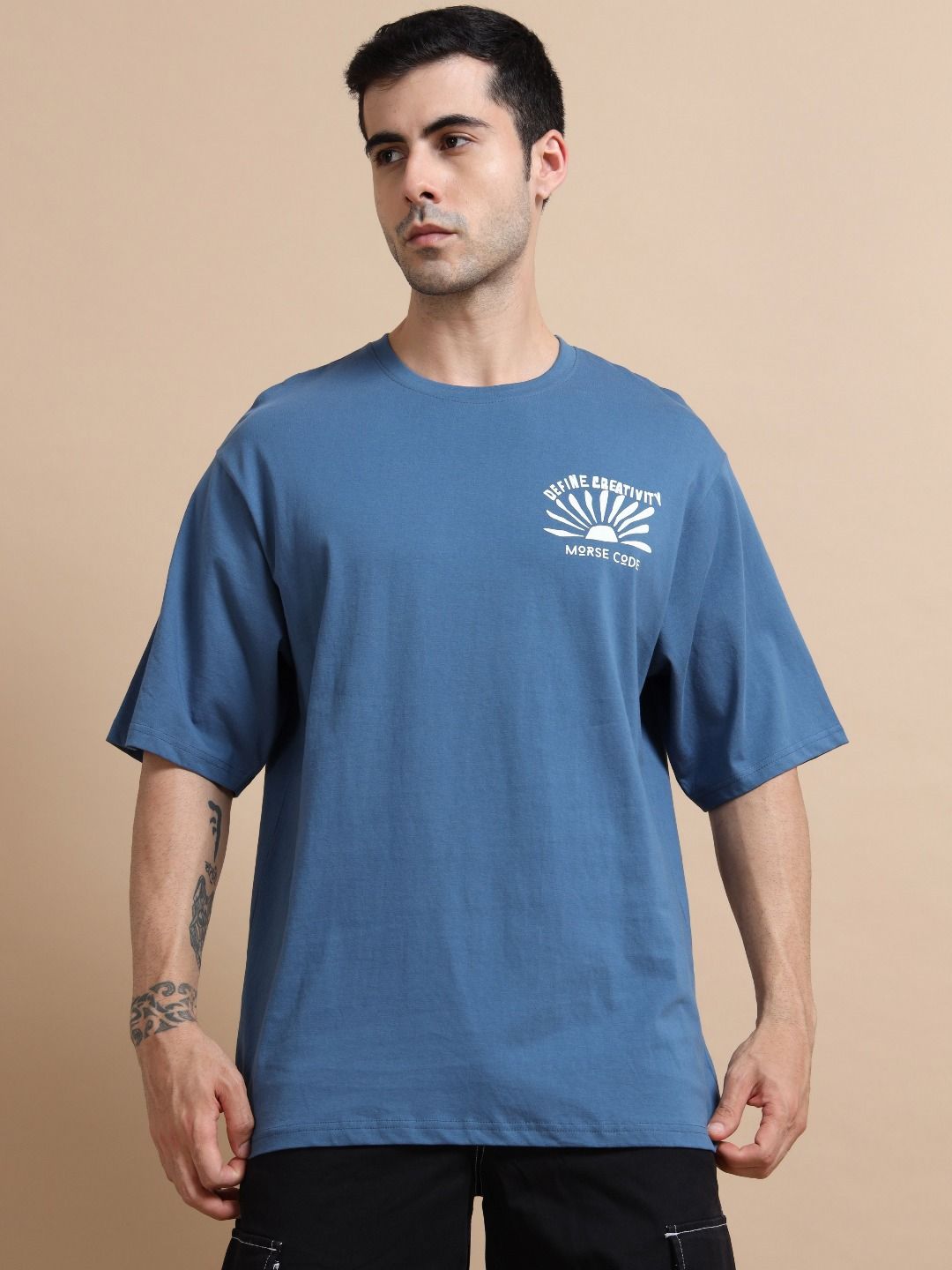 MORSE CODE Graphic Printed Drop-Shoulder Sleeves Pure Cotton Oversized T-shirt-picture-15