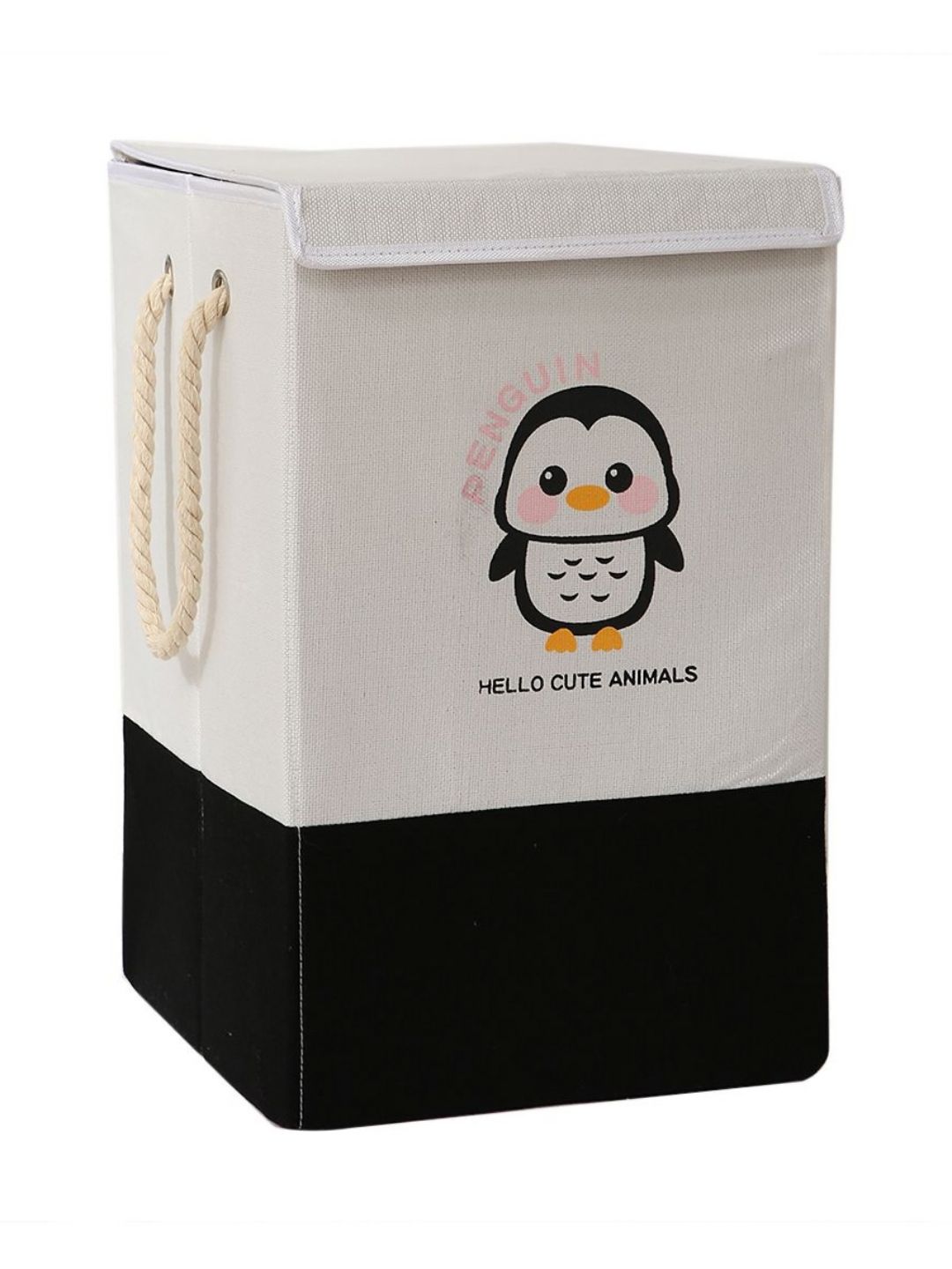 HOKIPO Black & White Penguin Printed Foldable Laundry Basket With Lid-image-9