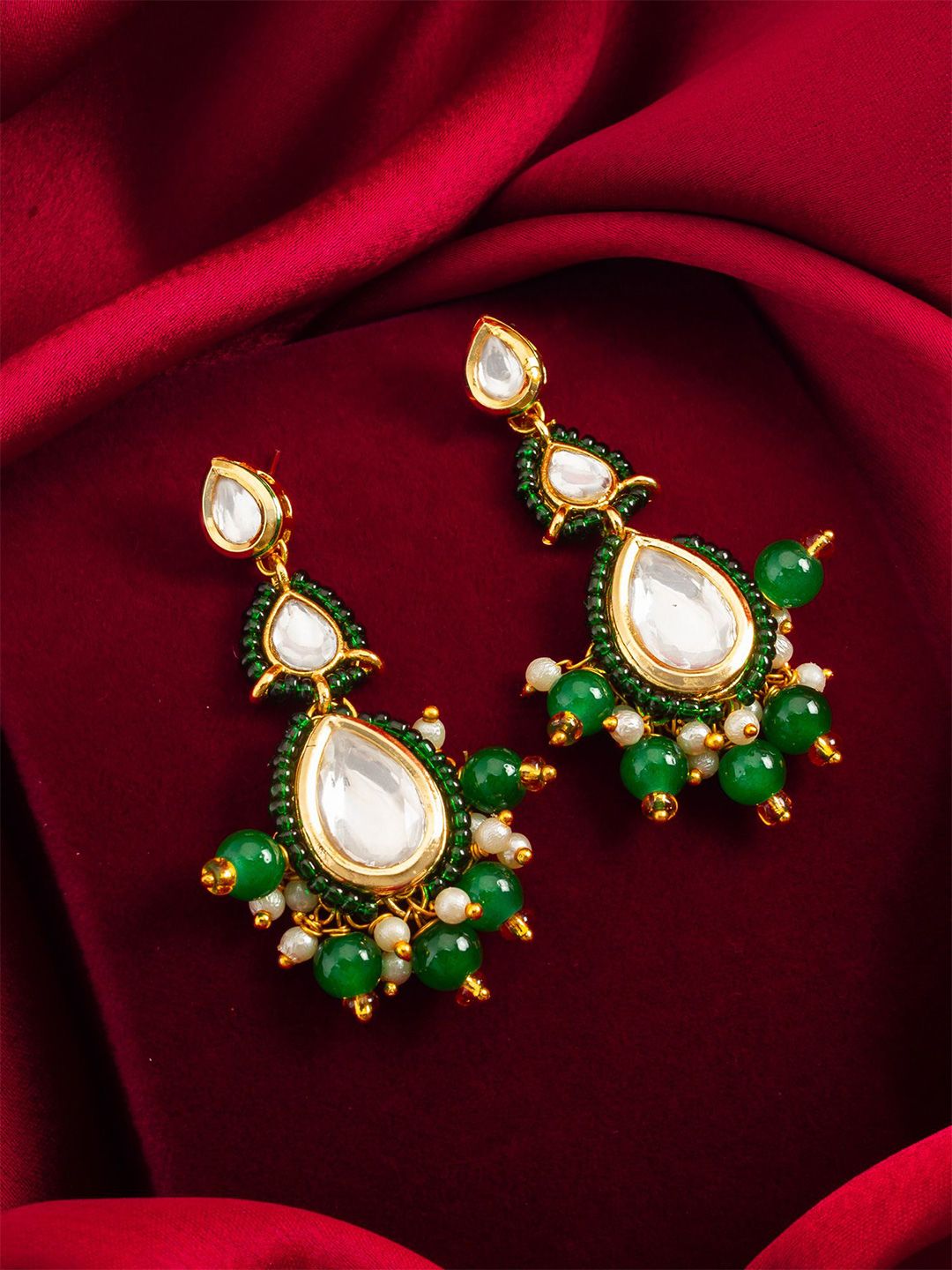 Anouk Gold Plated Kundan Studded And Beaded Teardrop Shaped Drop Earrings-picture-30