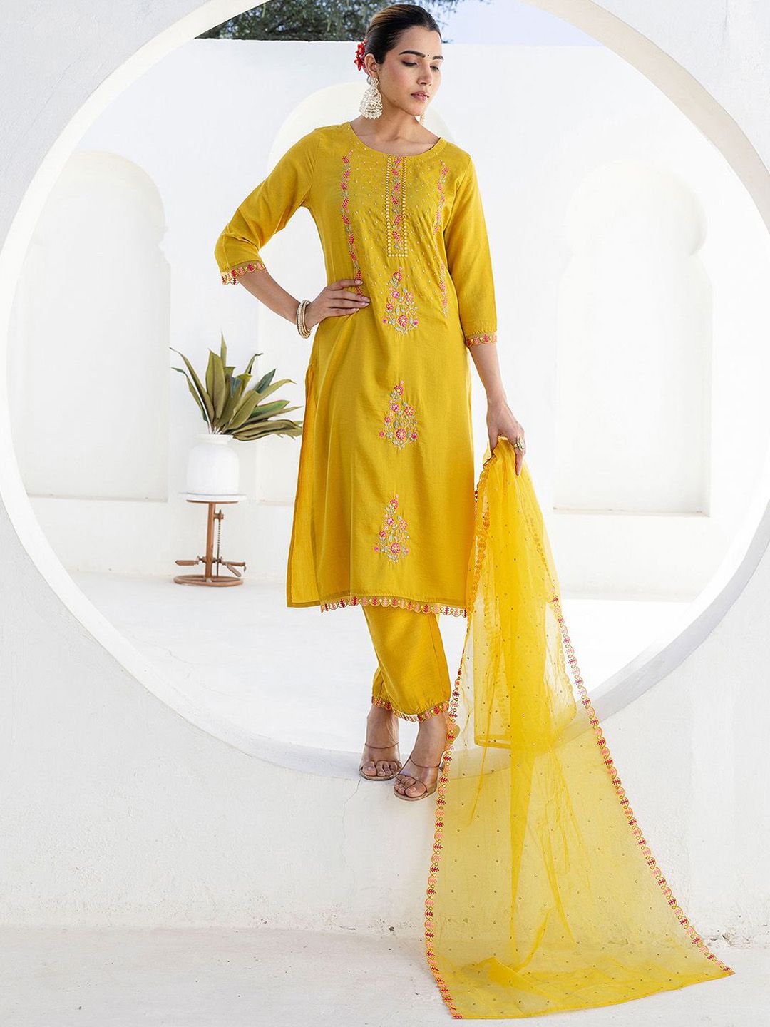 SANISA Women Ethnic Motifs Embroidered Kurta with Trousers & Dupatta-picture-16