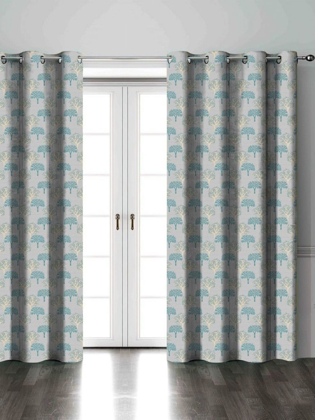 Aura Blue & Grey 2 Pieces Floral Printed Room Darkening Long Door Curtains-image-29
