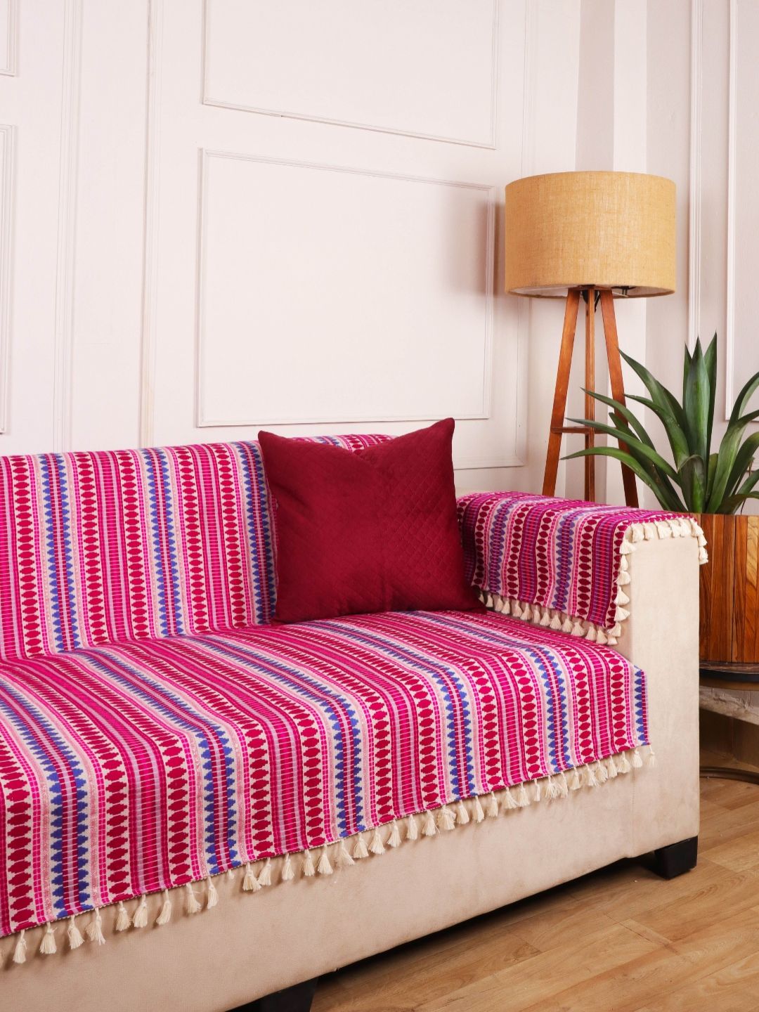 STITCHNEST Maroon & White Geometric Woven Design Cotton 3 Seater Sofa Cover With Arms