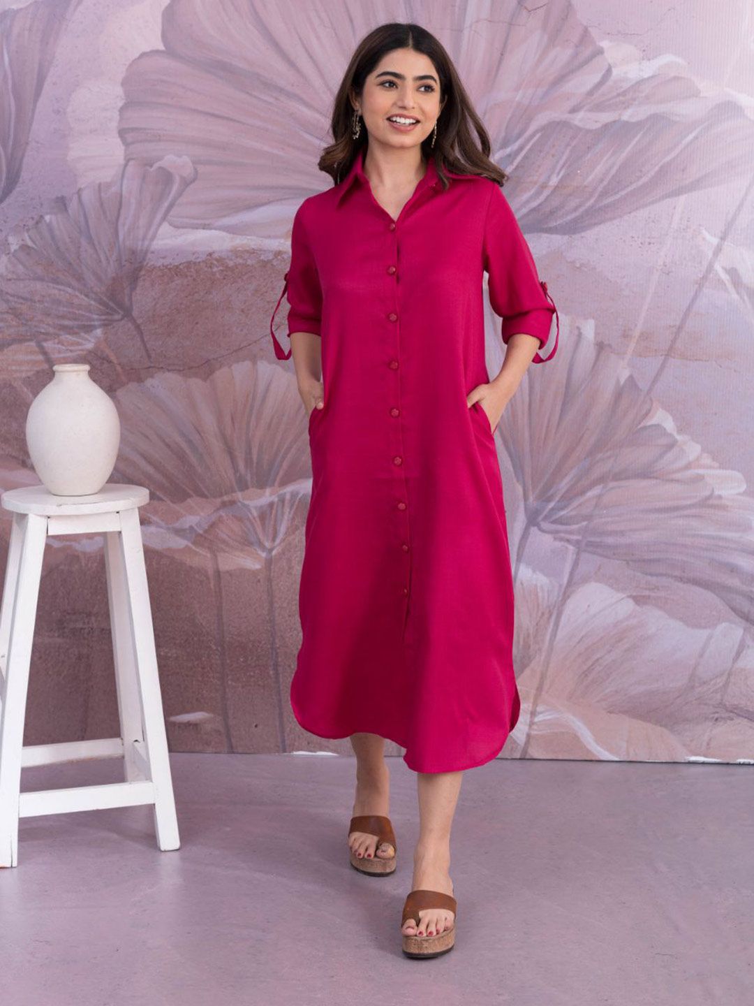 MAAND Roll-Up Sleeves Shirt Midi Dress