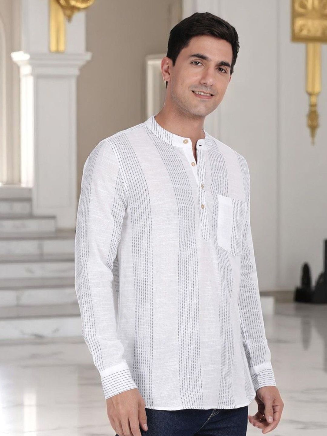 THE SOUL PATROL Men Striped Thread Work Band Collar Cotton Straight Kurta-image-29