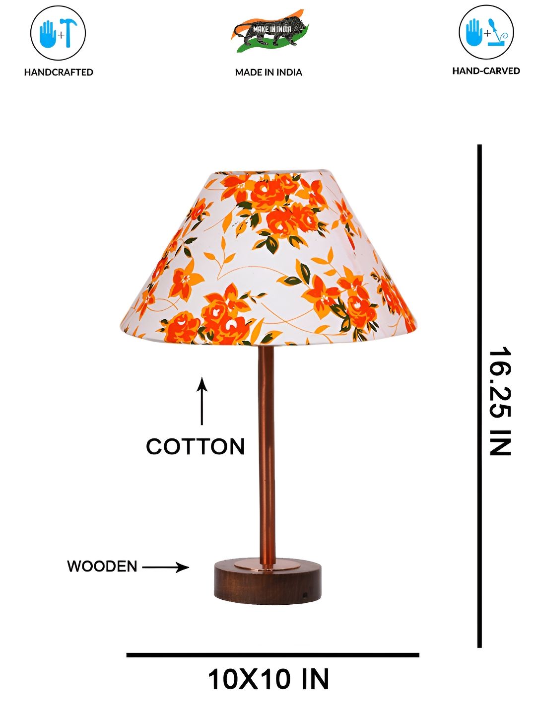 Aura White & Orange Floral Printed Metal Frustum Shaped Table Lamp-picture-16