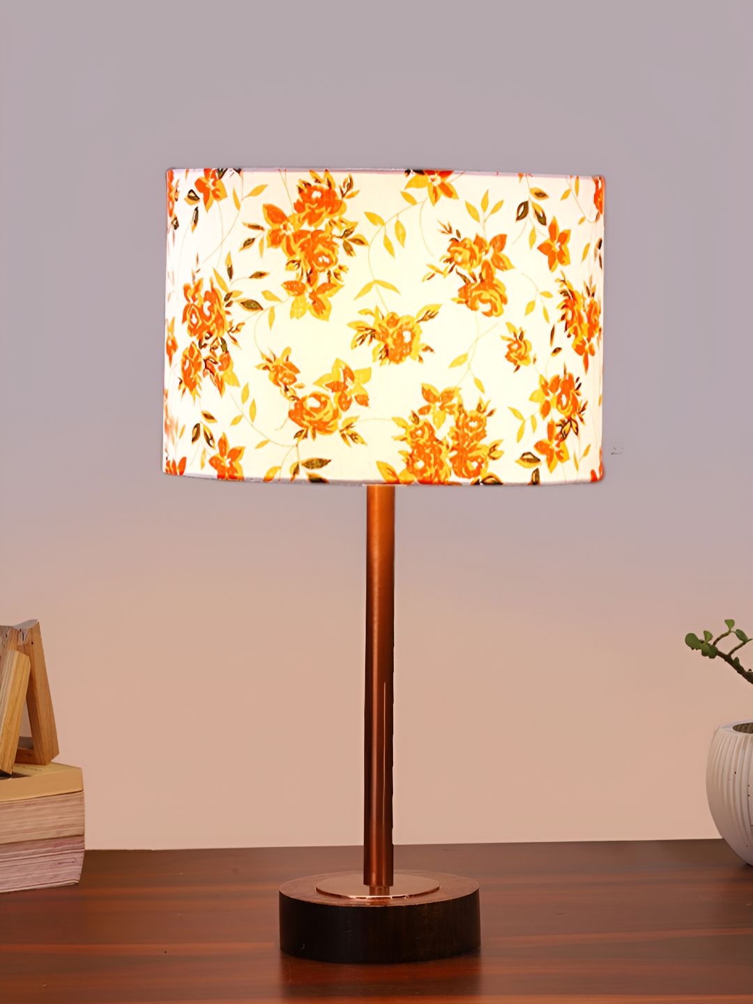 Aura Orange & White Floral Printed Metal Cylindrical Shaped Table Lamp-picture-29