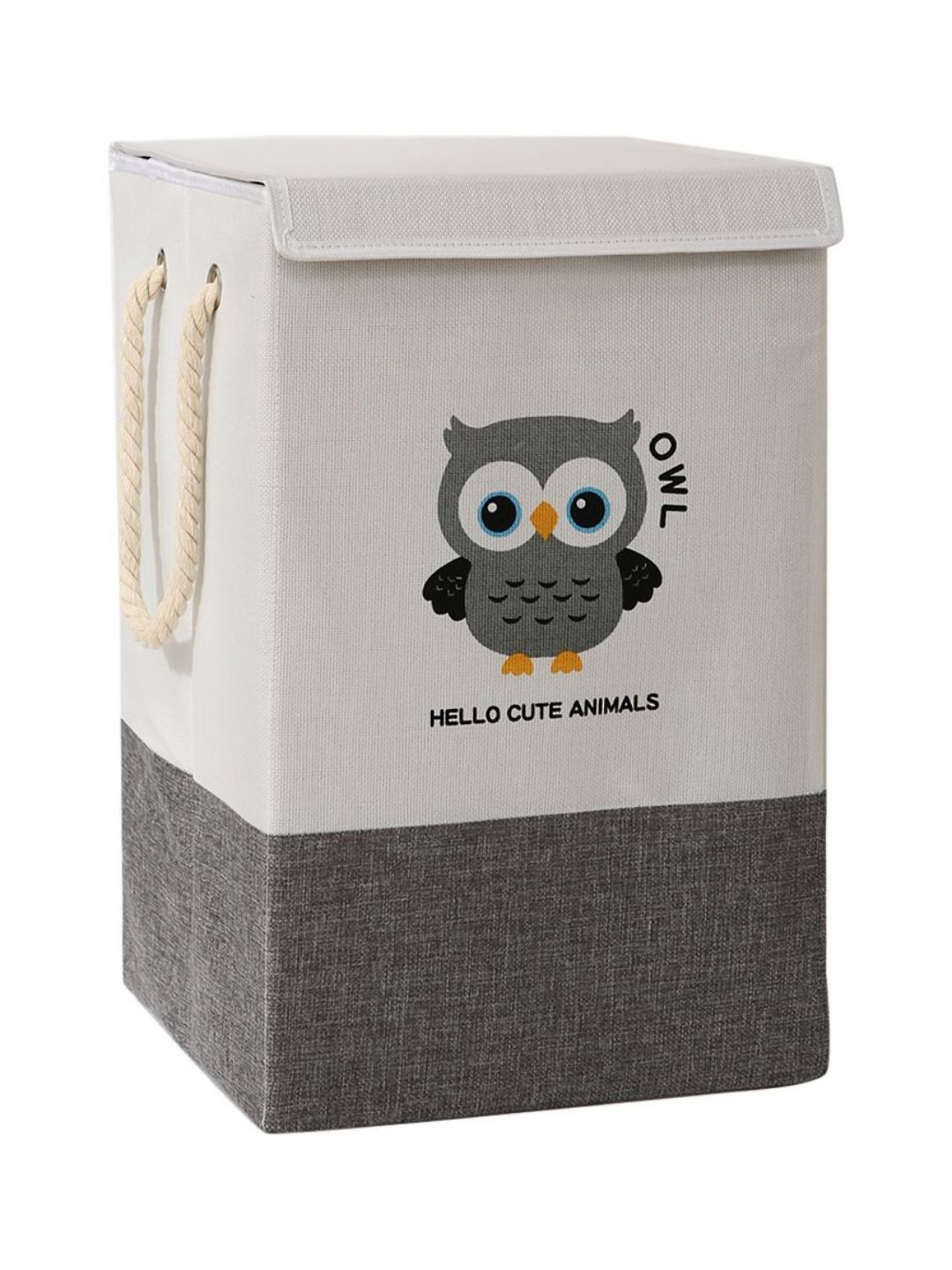 HOKIPO Grey & White Owl Printed Foldable Laundry Basket For Clothes With Lid-picture-50