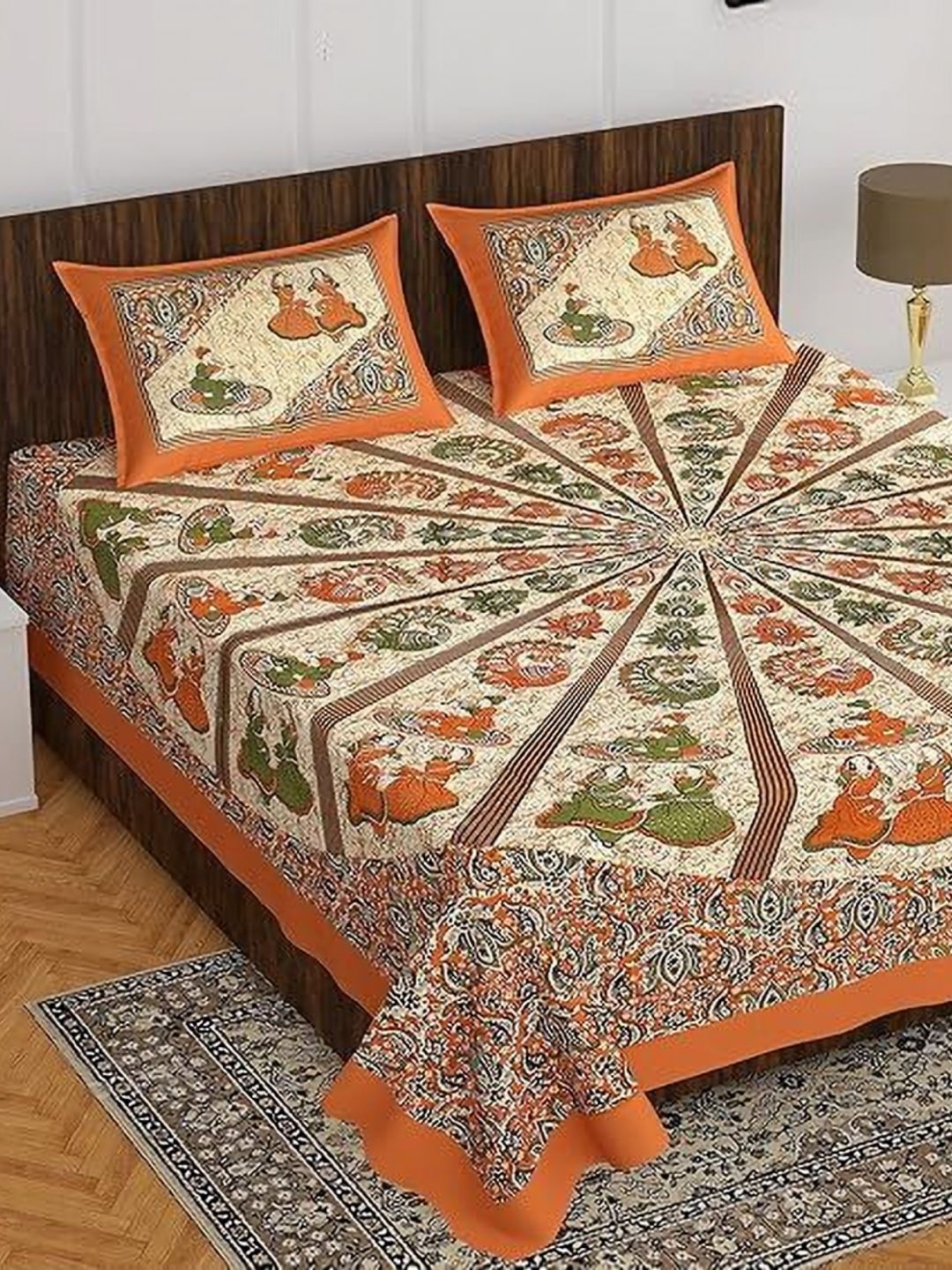 Comfowell Orange & Cream-Coloured Floral 220 TC King Bedsheet with 2 Pillow Covers-picture-20