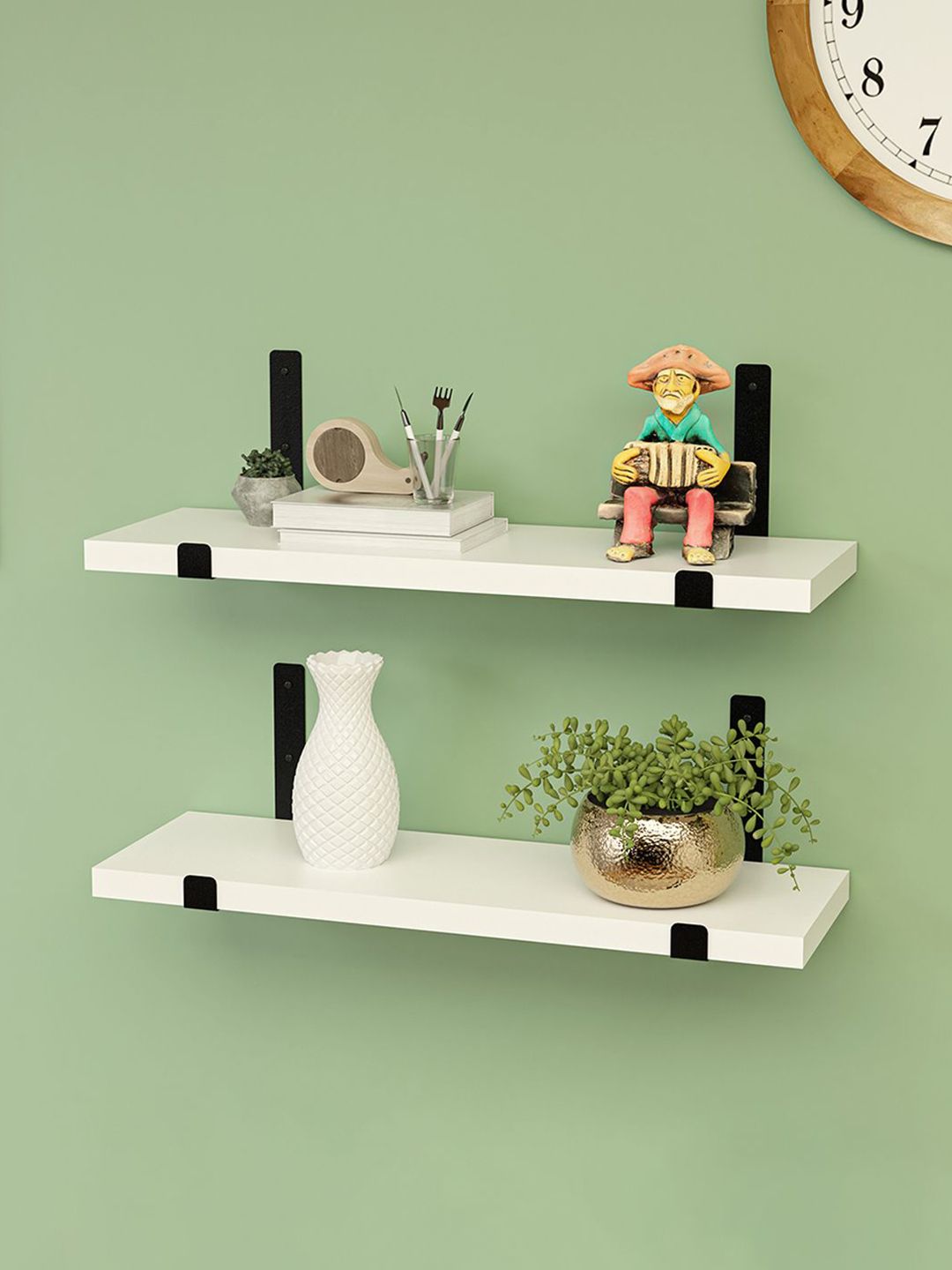 Kuber Industries White & Black 2 Pieces Wooden Wall Shelves