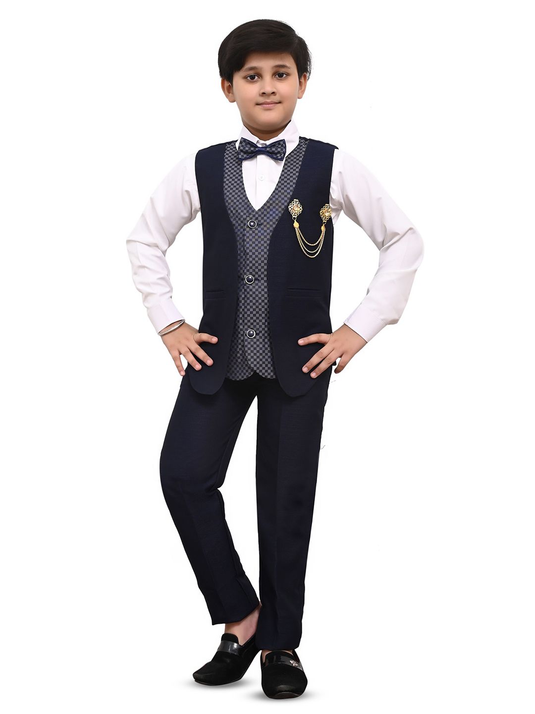 VALUE CREATION Boys Checked Single-Breasted Three-Piece Suit-picture-28