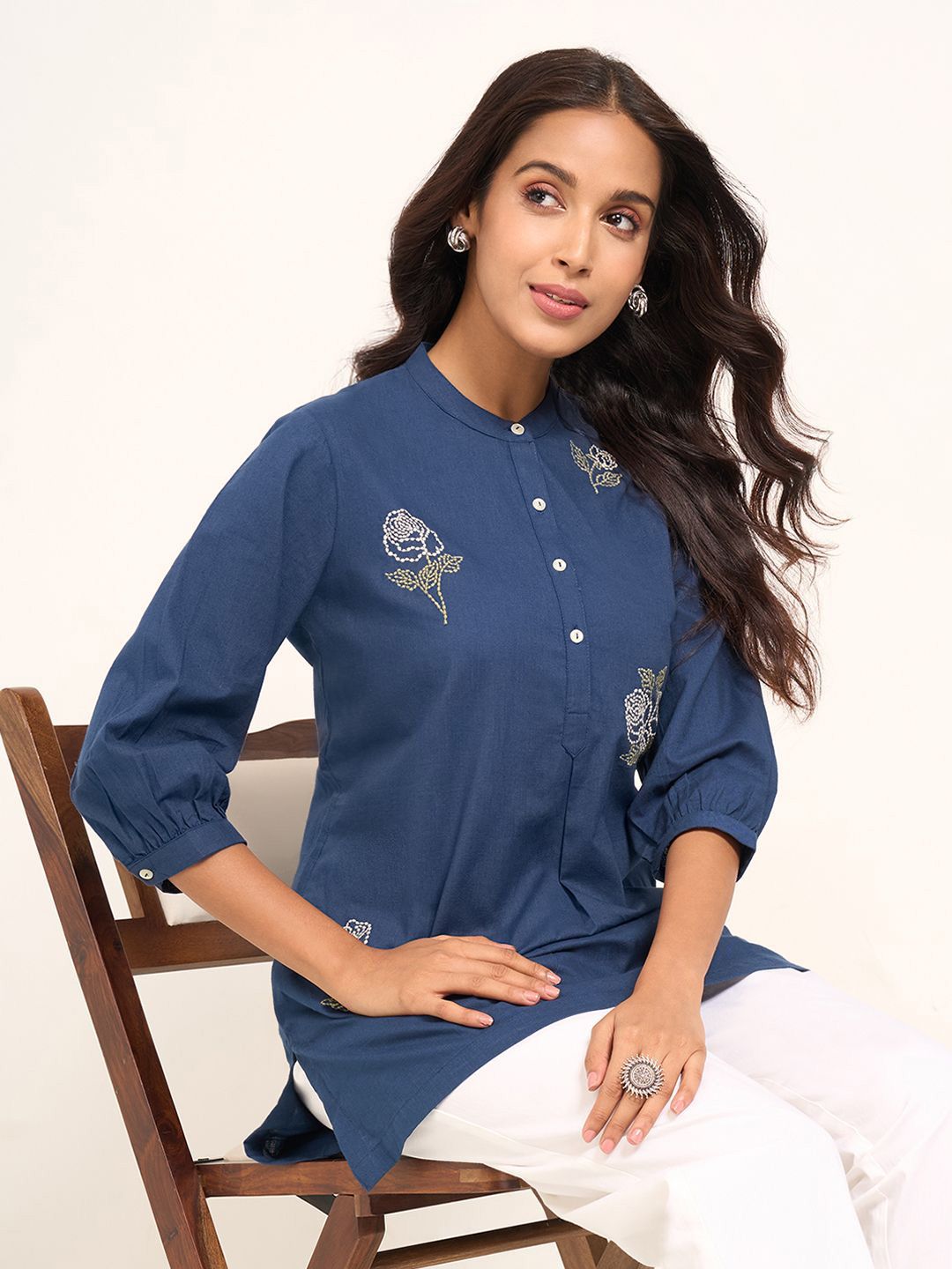 RANGMANCH BY PANTALOONS Mandarin Collar Embroidered Tunic-picture-46