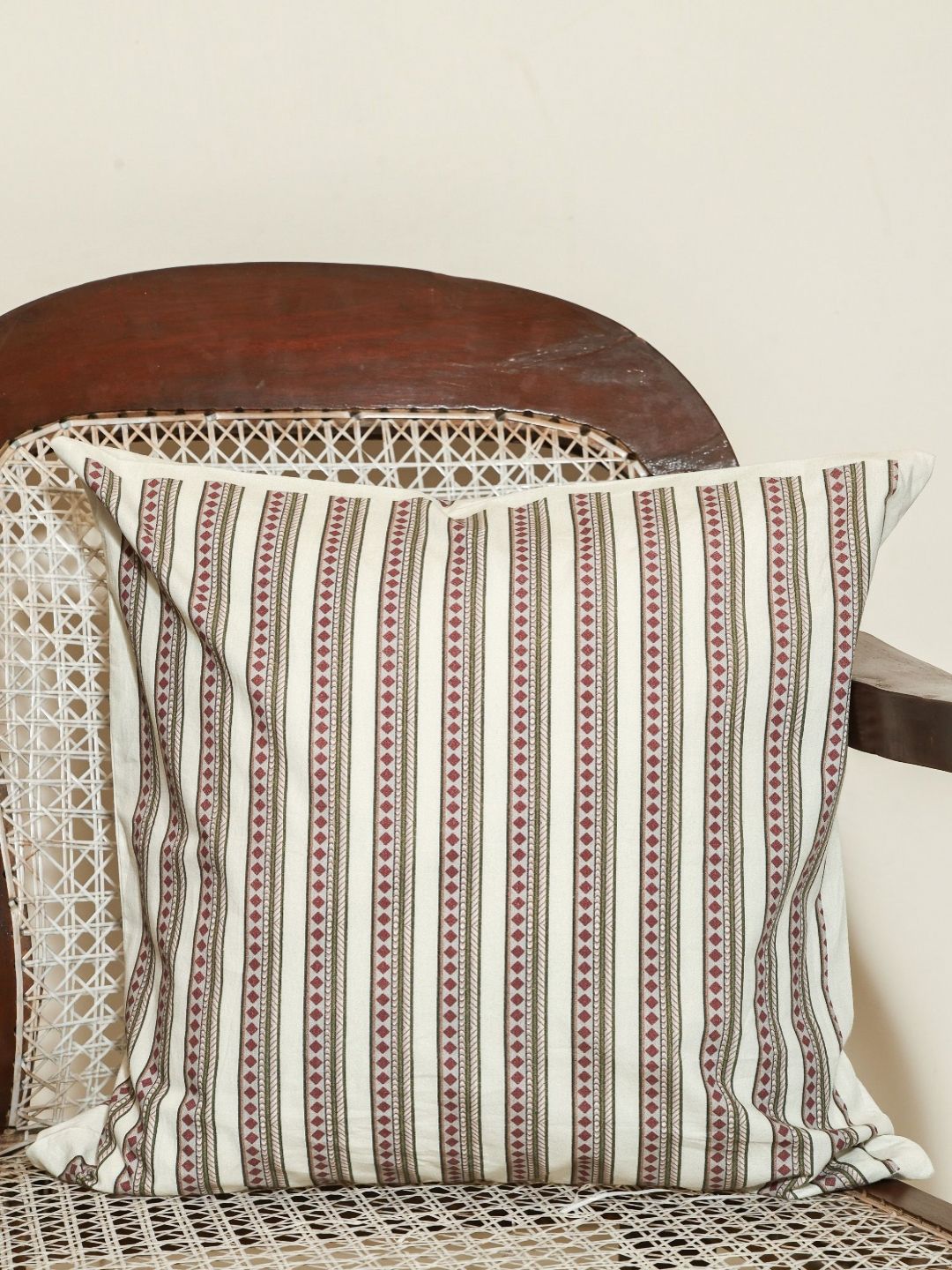 Myntra Elegant Homes Petals and Pinstripes Off White Striped Cotton Square Cushion Cover-image-24
