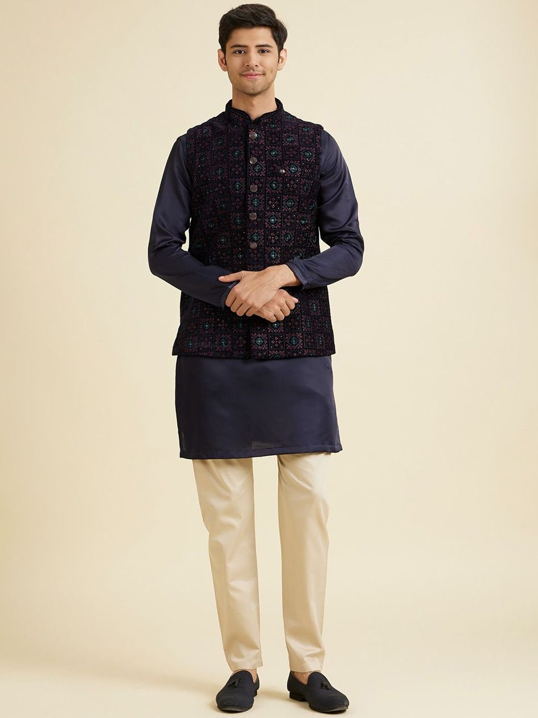 Manyavar Embroidered Velvet Mandarin Collar Nehru Jacket-picture-44
