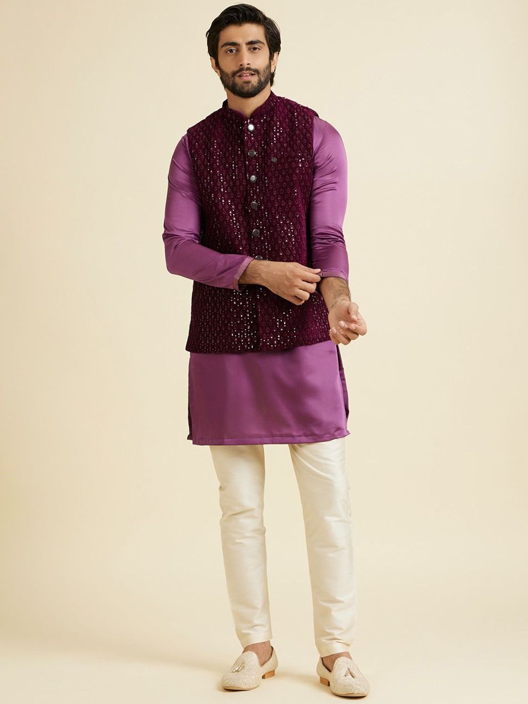 Manyavar Embroidered Velvet Mandarin Collar Nehru Jacket-picture-29