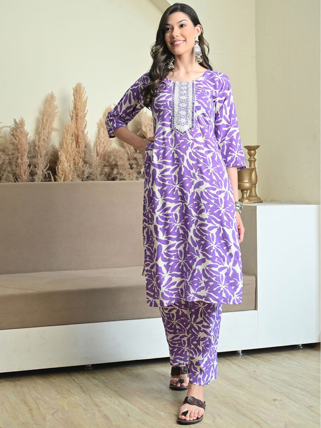 PHYSIL Abstract Printed Mirror Work Pure Cotton Straight Kurta With Trousers