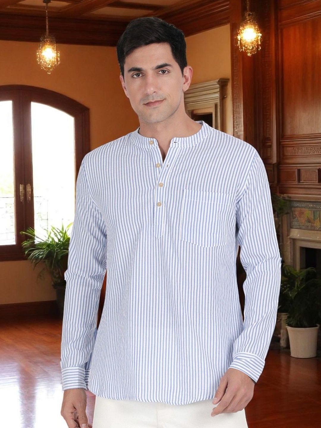 THE SOUL PATROL Men Striped Mandarin Collar Cotton Kurta-image-44
