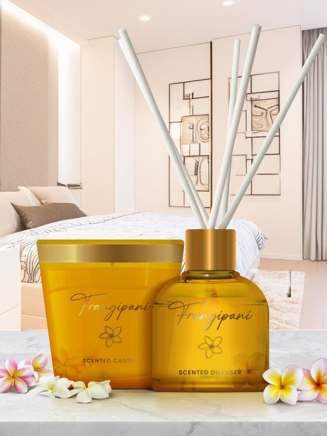 Pan Aromas Oriental Frangipani 2Pcs Yellow & White Reed Diffuser & Scented Candle Gift Set-picture-22