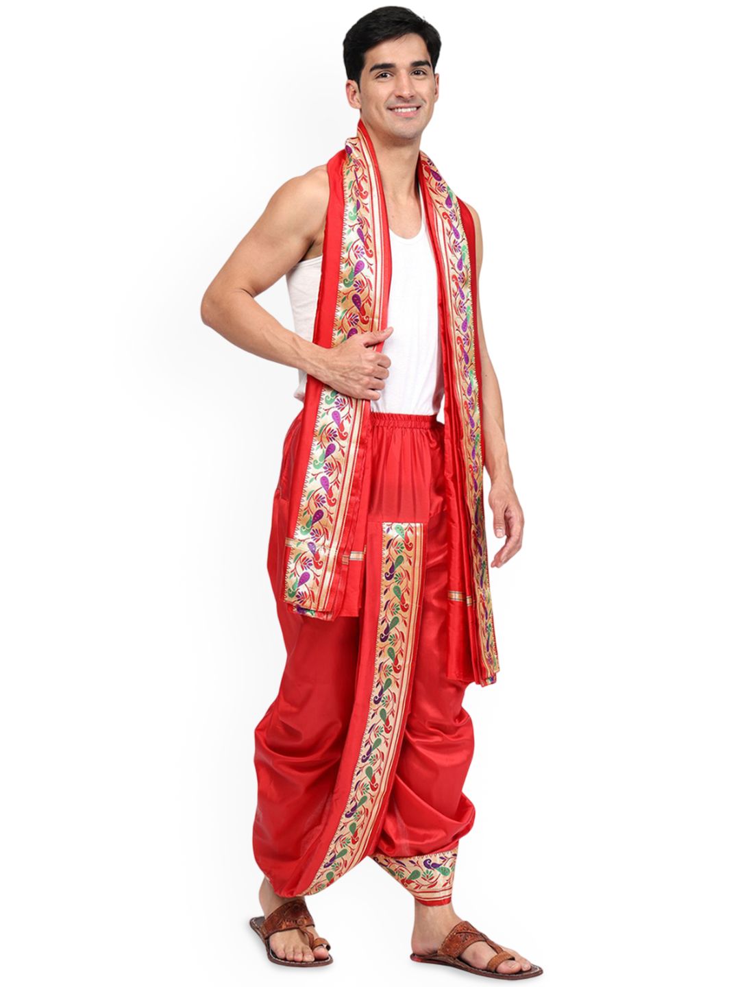 RAMESHWARAM FABRICS Stylish Dhoti Pant with Stole Set - RED-picture-28
