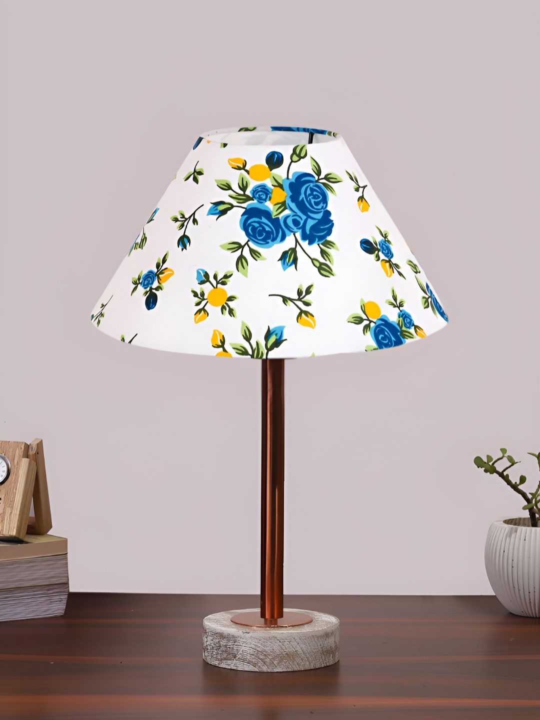 Aura White & Blue Floral Printed Metal Frustum Shaped Table Lamp-picture-20
