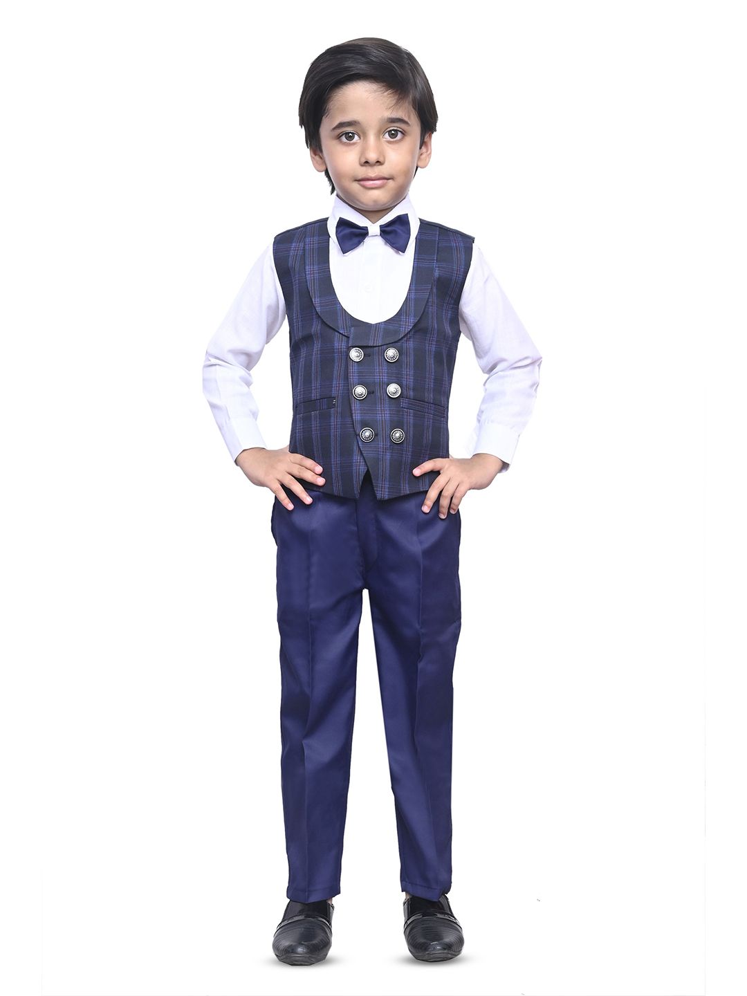 VALUE CREATION Boys Checks Printed Waistcoat Shirt & Trousers 3-Piece Suit-image-2