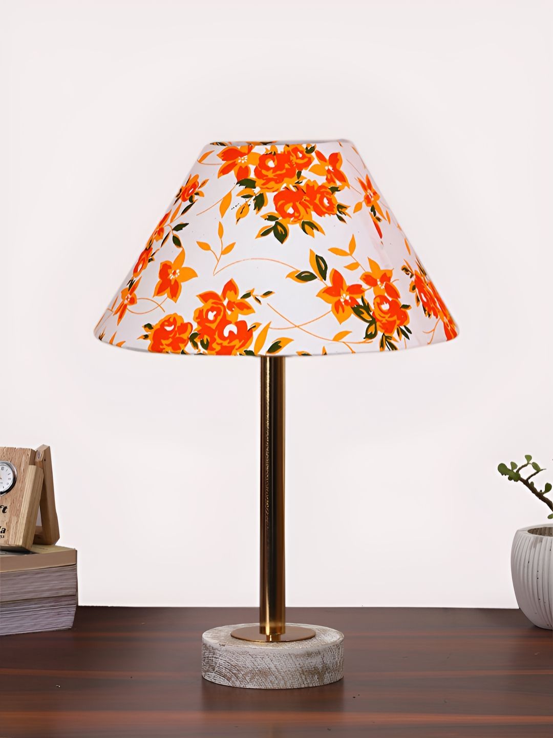 Aura White & Orange Floral Printed Metal Frustum Shaped Table Lamp-picture-17