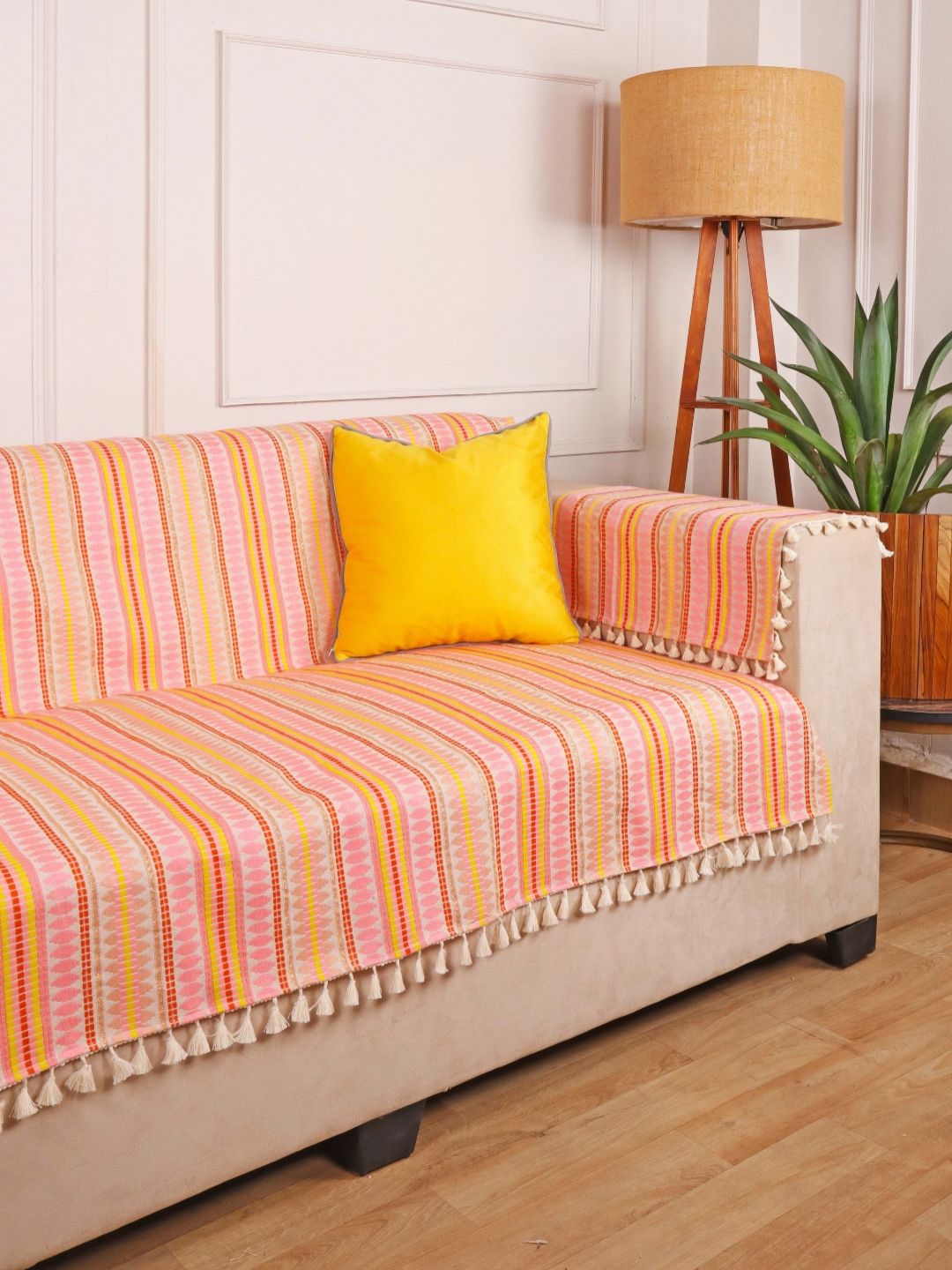 STITCHNEST Pink & White Geometric Woven Design Cotton 3 Seater Sofa Cover With Arms-image-5