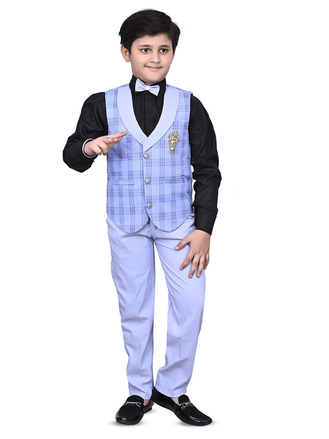 VALUE CREATION Boys Checked V-Neck Single-Breasted Three-Piece Suit-picture-38