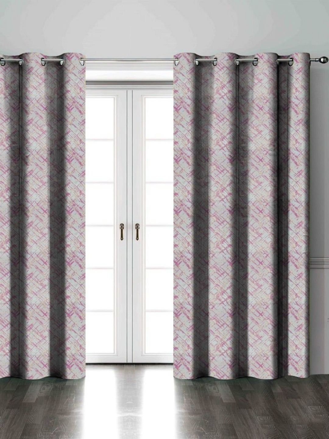 Aura Pink & Grey 2 Pieces Abstract Printed Room Darkening Long Door Curtains-image-30