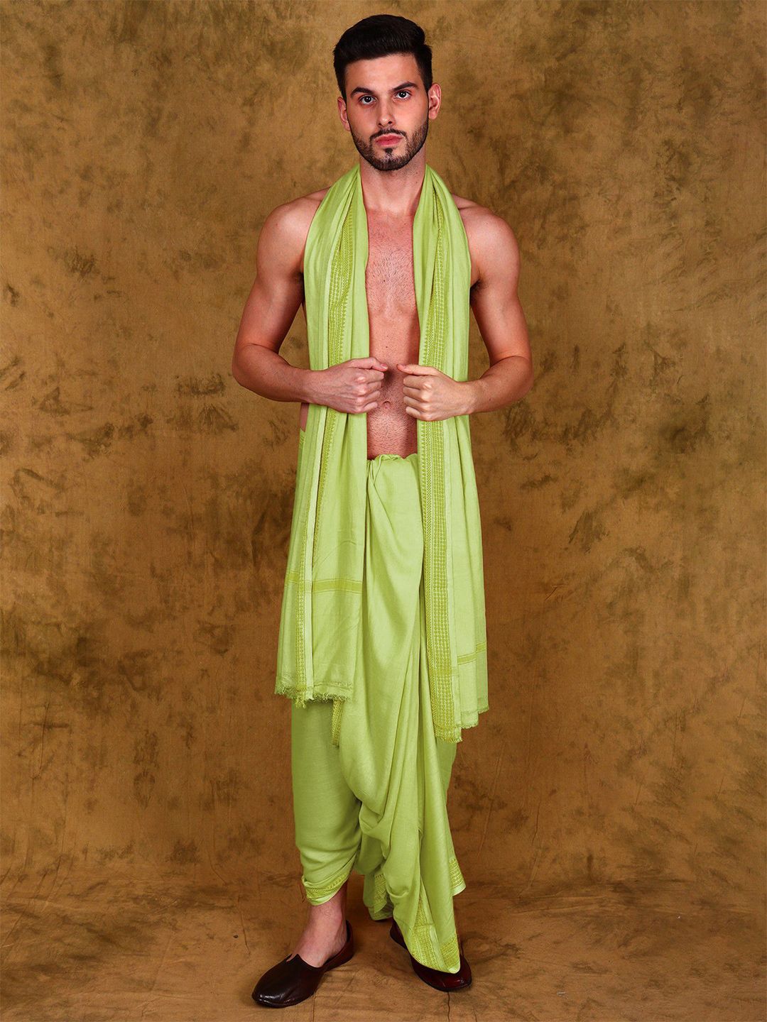 Exotic India Men Dhoti and Angavastram Set With Woven Design Border-picture-38