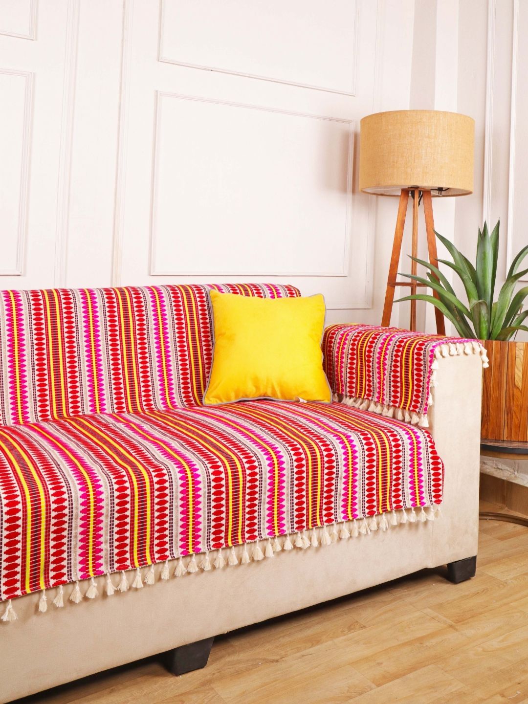 STITCHNEST Red & White Geometric Woven Design Cotton 1 Seater Sofa Cover With Arms-image-36