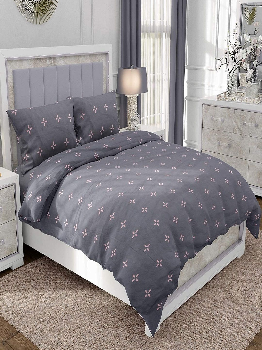 Myntra Elegant Homes Grey & Pink Floral Single Fine Bedding Set-image-27