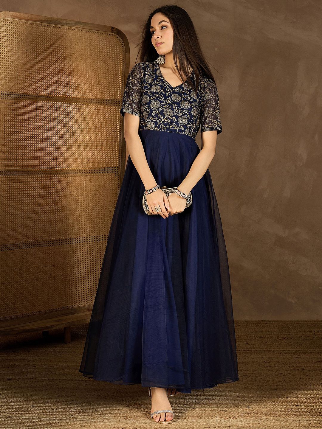 Inddus Floral Embroidered Fit & Flared Maxi Dress-picture-44