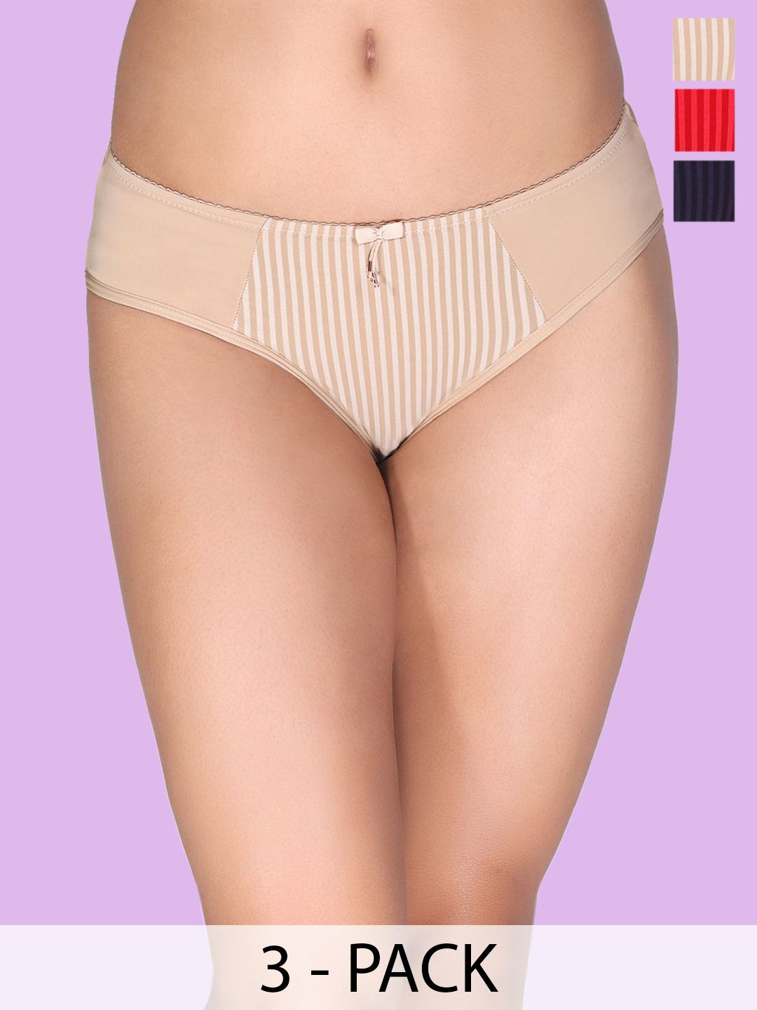 Amour Secret Pack Of 3 Striped Mid Rise Hipster BriefsP015_Nblu_Red_Nud_S-picture-16