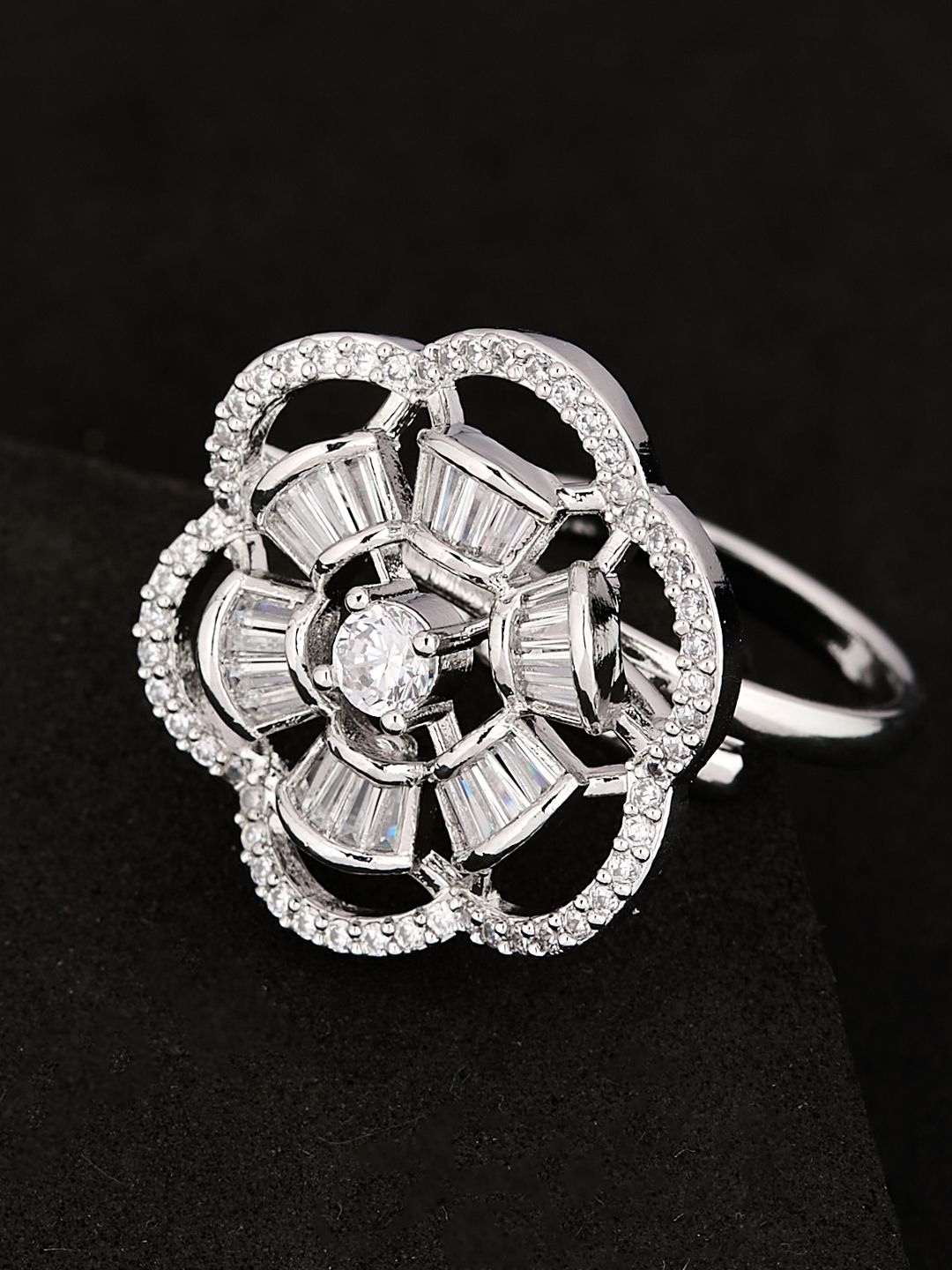 ATIBELLE Silver Plated CZ Stone Studded Finger Ring
