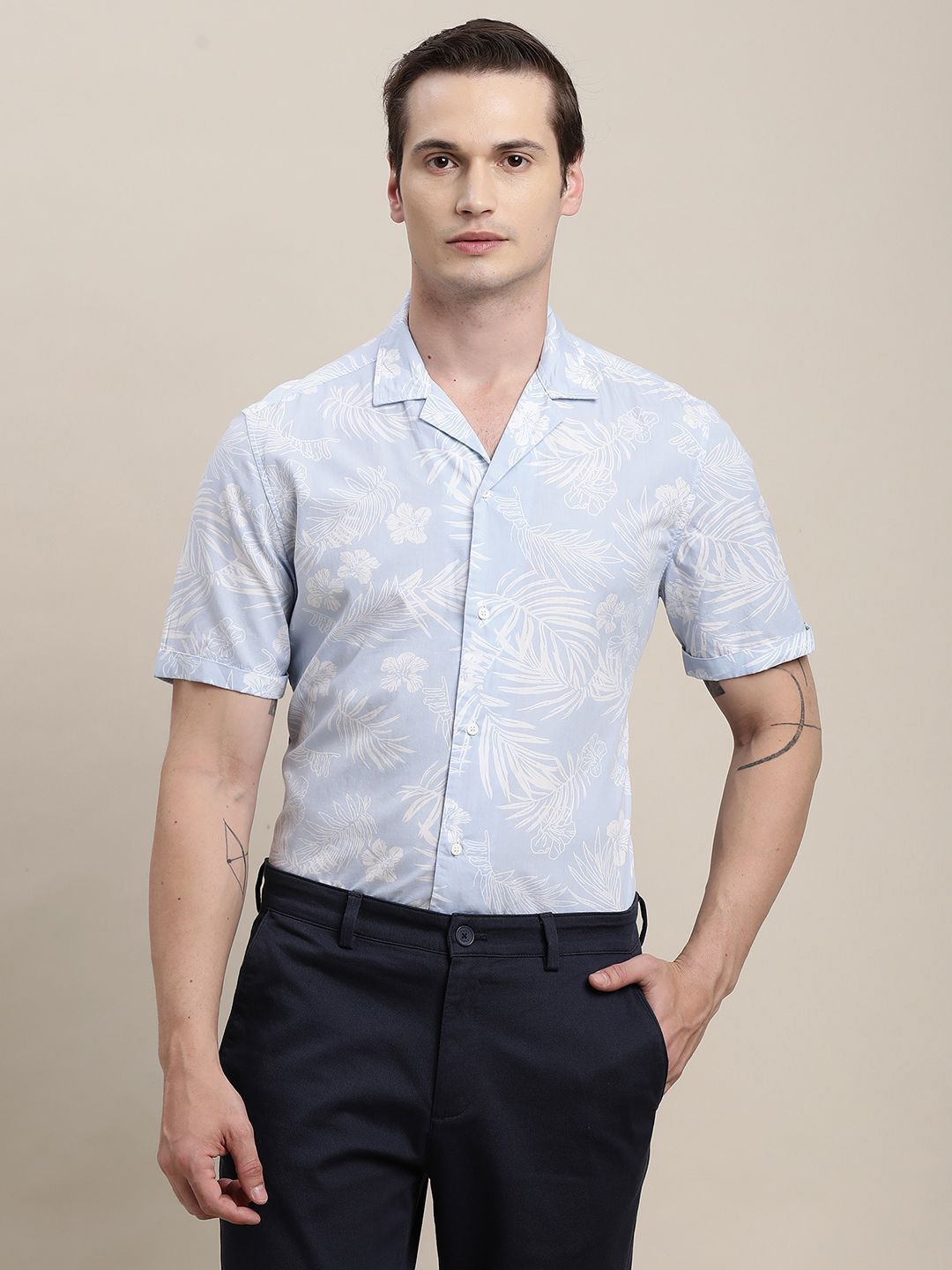 Turtle Men Relaxed Fit Cuban Collar Floral Printed Cotton Formal Shirt-picture-23