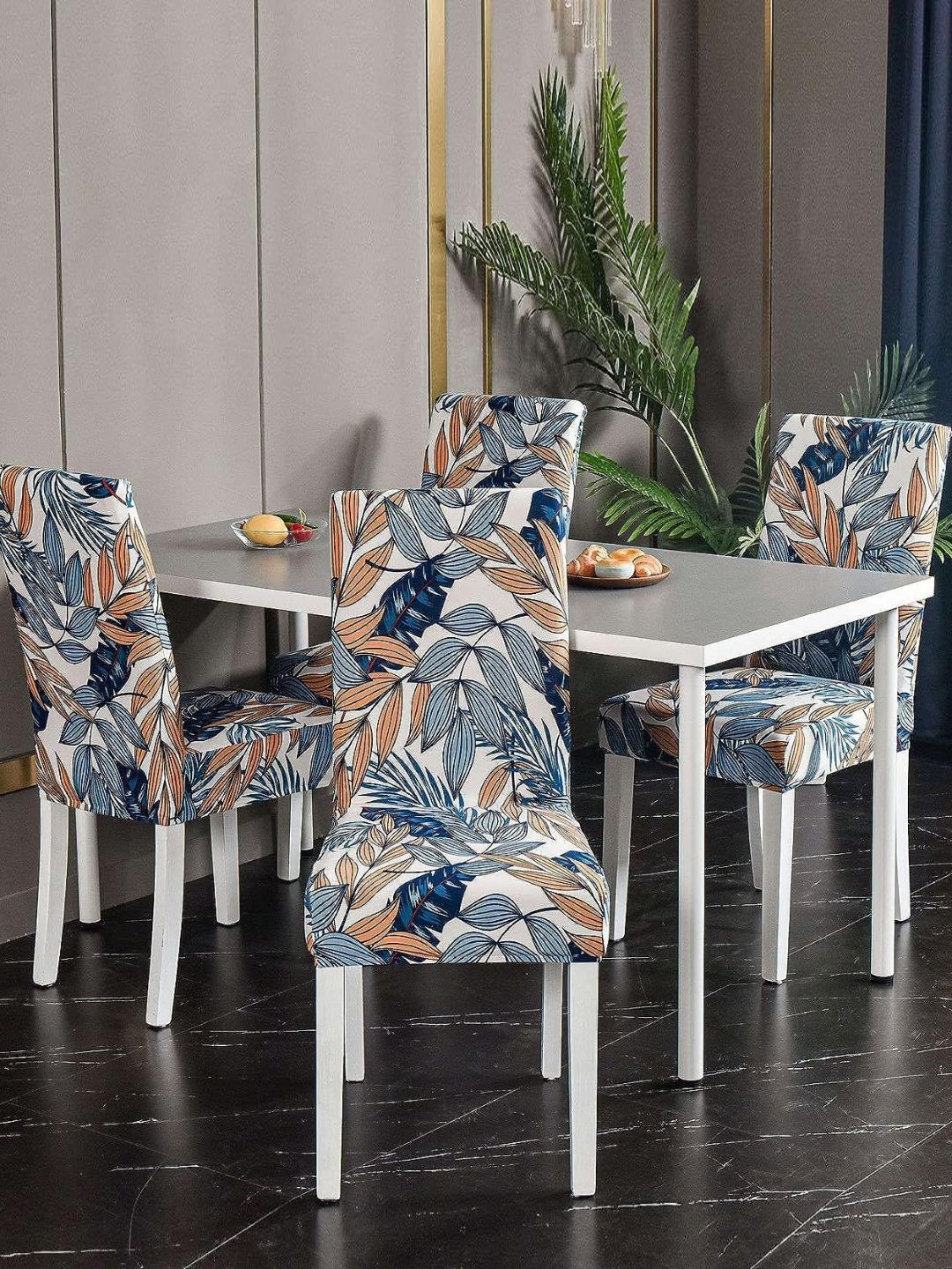 FAVRIA Orange Colored & Blue 4 Pieces Floral Printed Stretchable Dining Chair Covers-picture-33