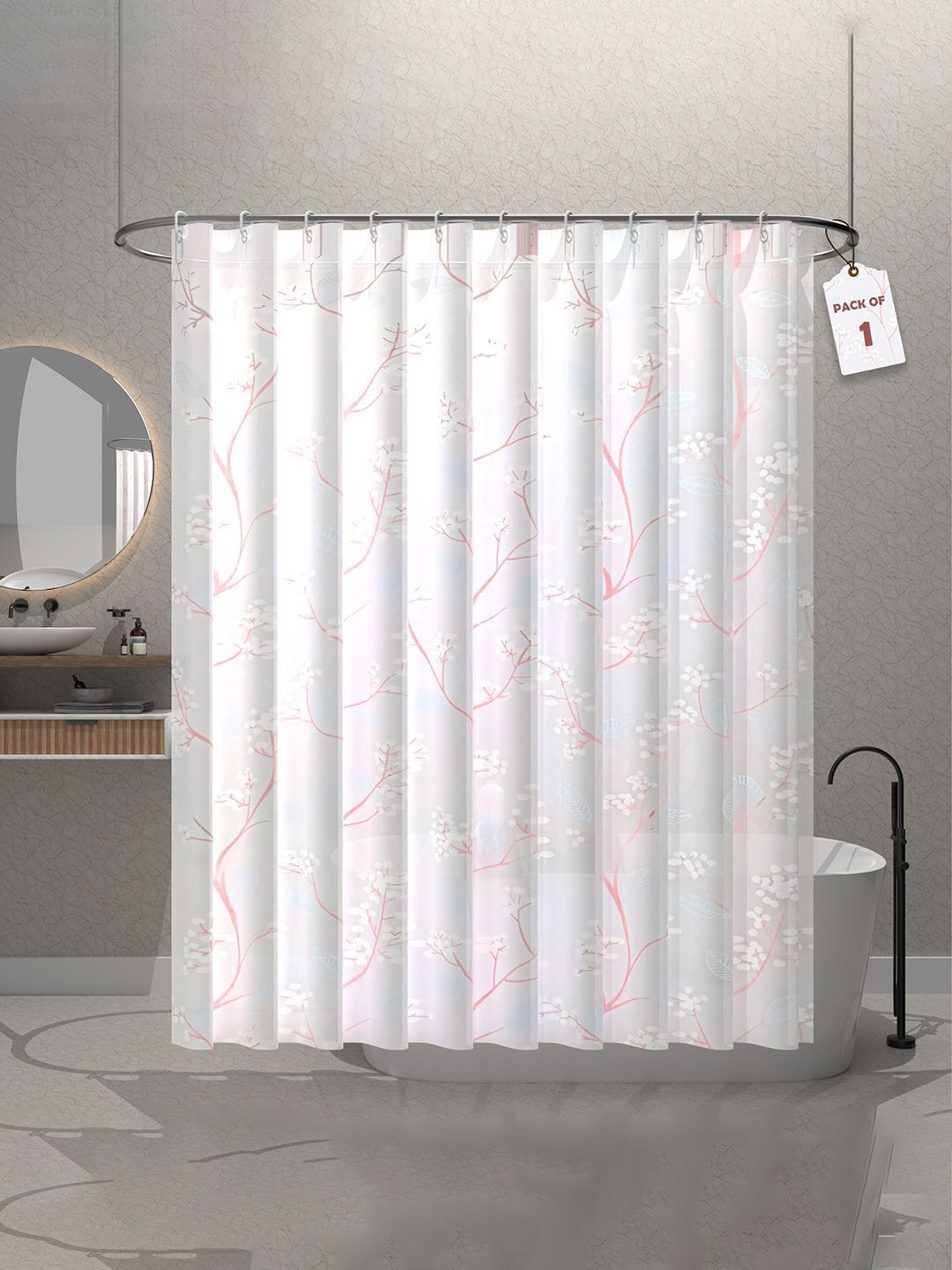 Kuber Industries Aura White & Pink Floral Printed Waterproof Shower Curtains With 12 Rings