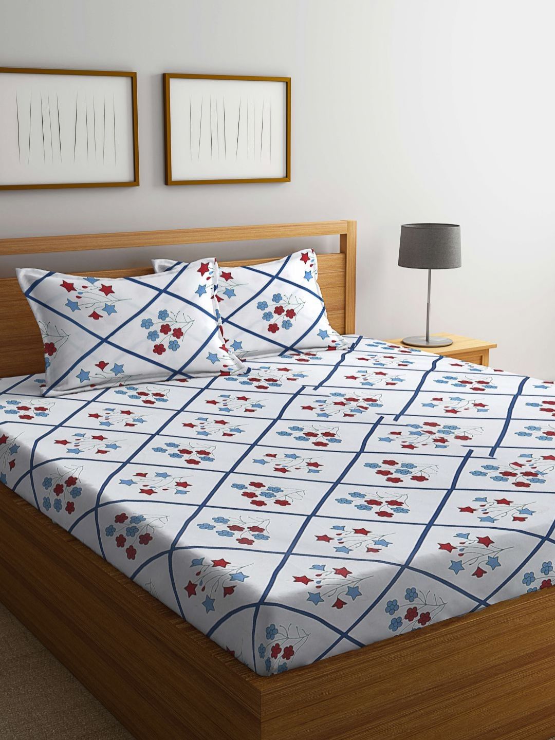 Myntra Elegant Homes Blue & Red Floral Printed 300 TC King Bedsheet Set 2.5 m x 2.25 m-picture-33